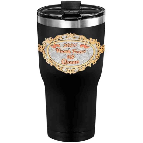 A customized tumbler made of stainless steel with a personalized engraved initials and North Texas High School Queen lettering, 30 oz, ideal for coffee or cool drinks